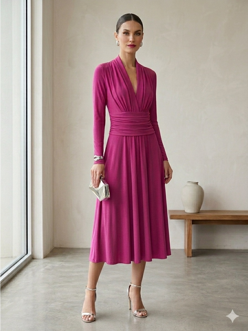 Vintage Y2K Brian Bailey Magenta Pink Ruched Jersey V-Neck Midi Dress - Small